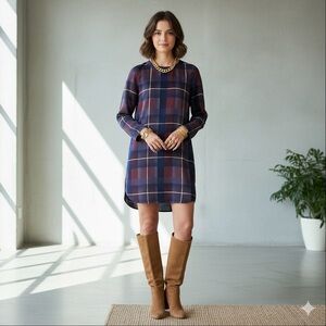 Anonyme Designers burgundy & navy plaid long sleeve tunic dress – Small NWOT